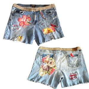 Lucky Brand Up-cycled unique short Jeans blue with patch work cotton print